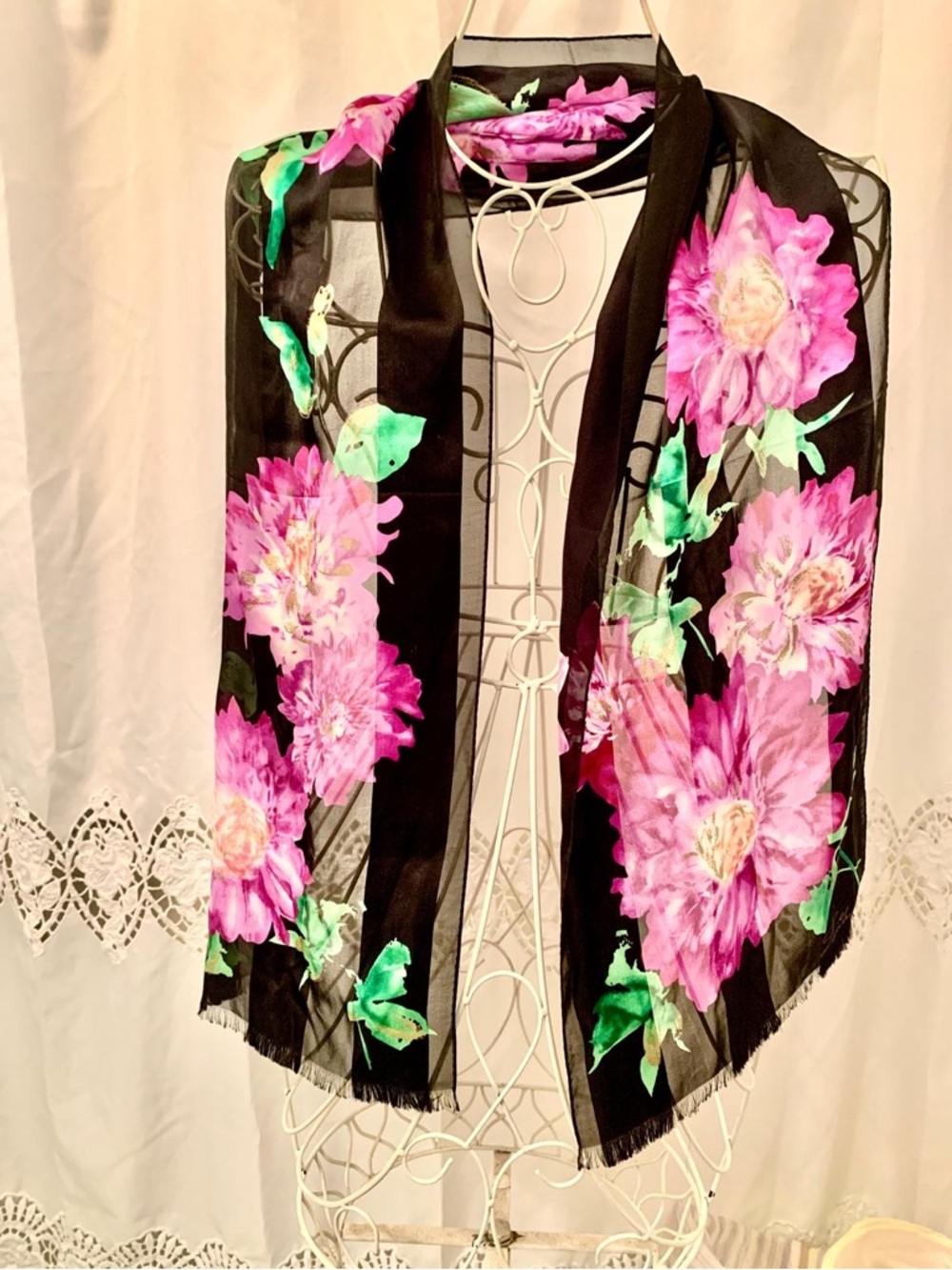 Lauren Ralph Lauren Black Scarf with Pink Floral Print 11” x 58” silk